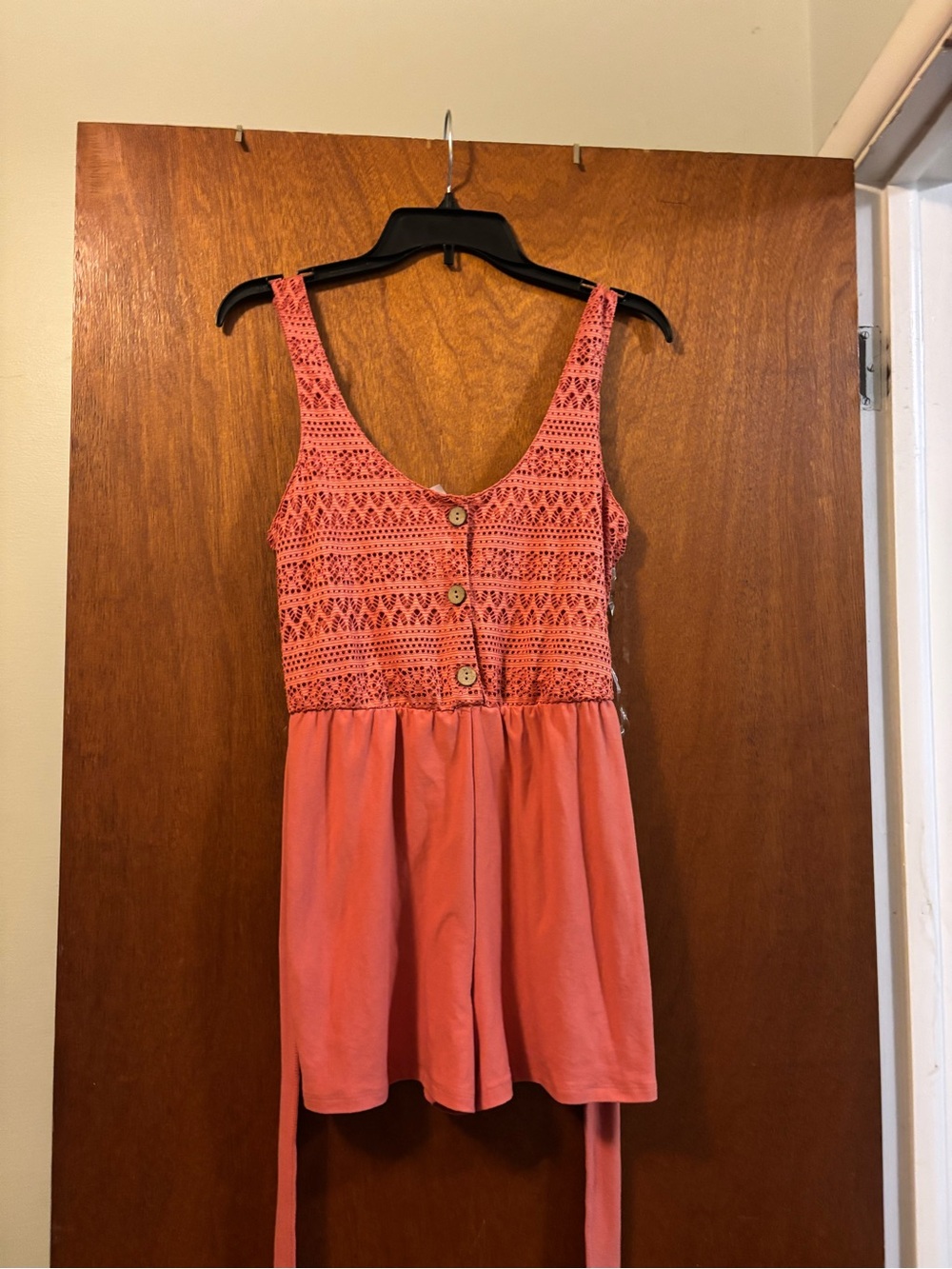 No Boundaries Junior Coral Knit Bodice Romper with Button Front